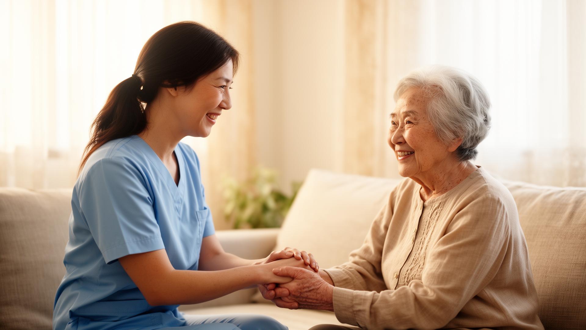 Caregiver holding hands with senior